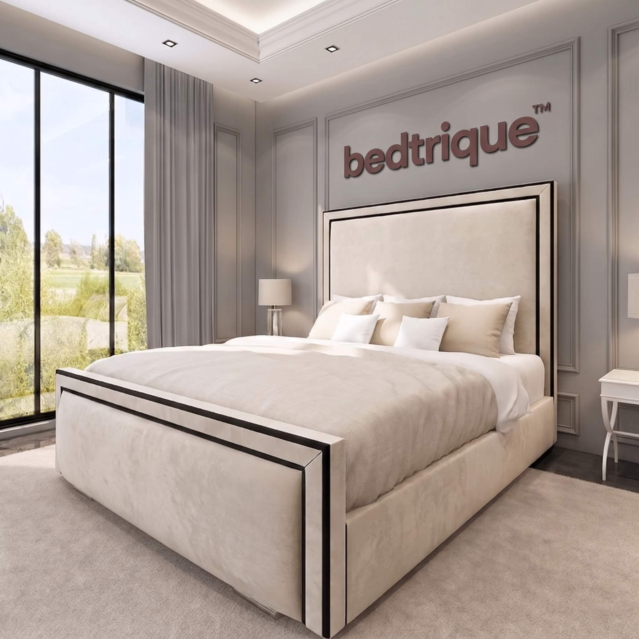 2026 Ibiza Linear Upholstered Bed with Black Lining