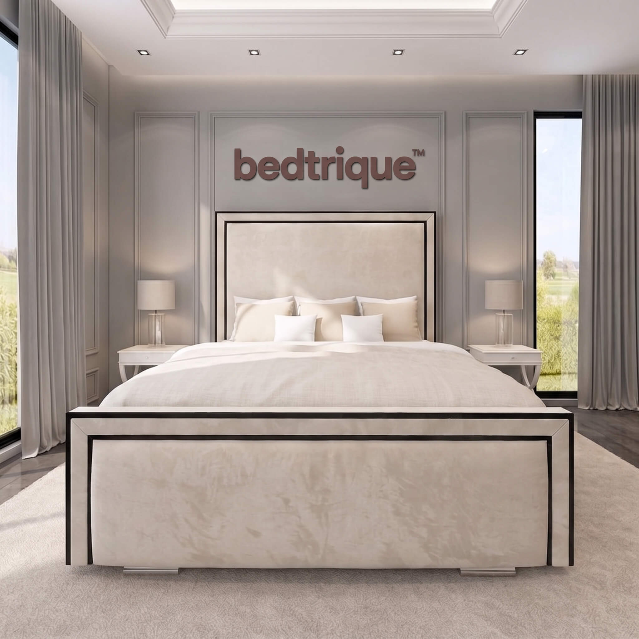 2026 Ibiza Linear Upholstered Bed with Black Lining