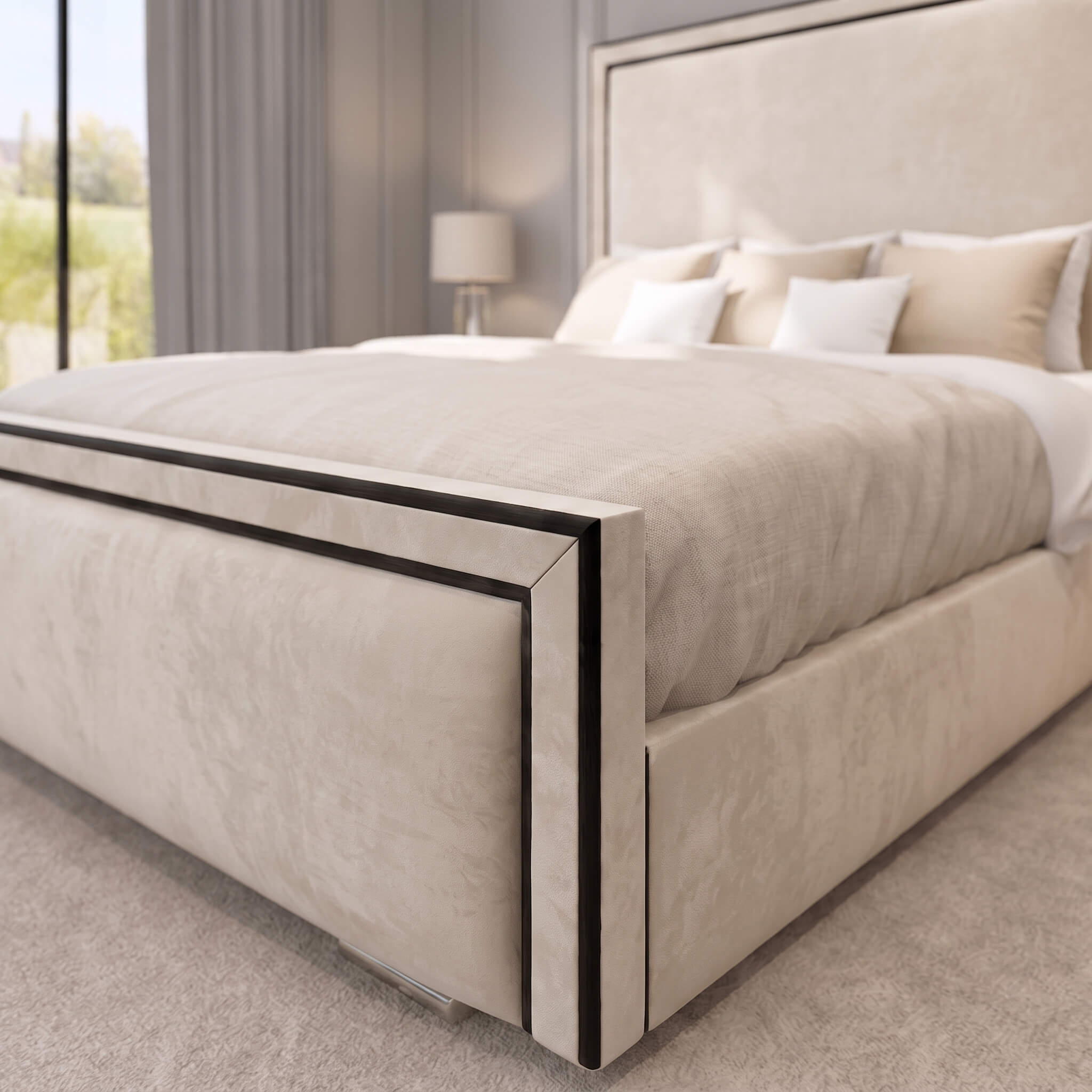 2026 Ibiza Linear Upholstered Bed with Black Lining